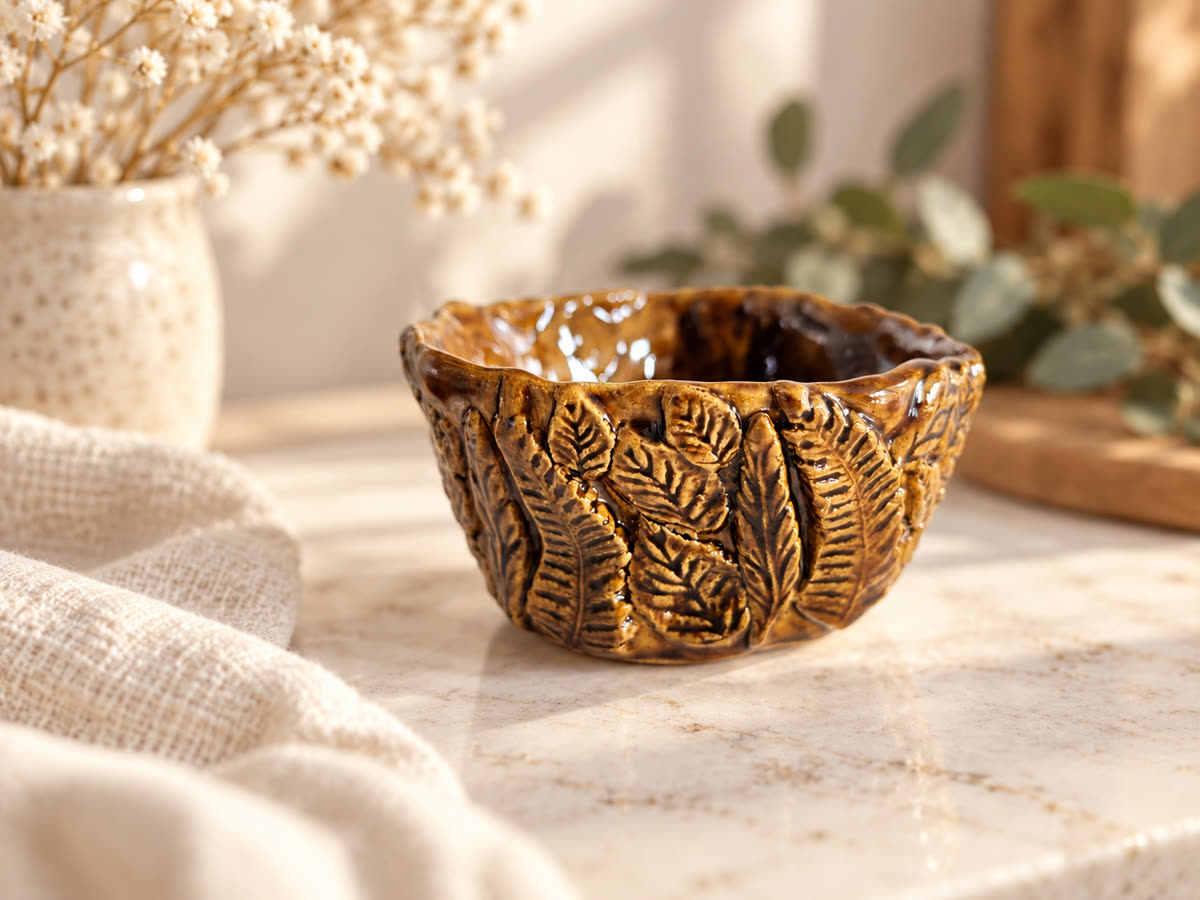 Amber glazed bowl covered in hand-sculpted leaves